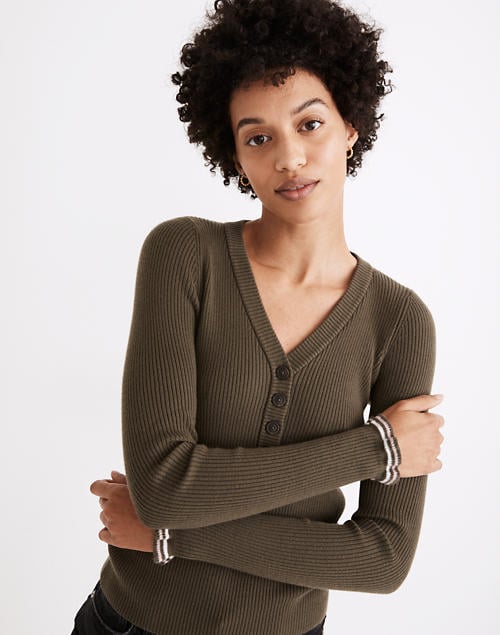 Ruffle-Cuff Henley Sweater