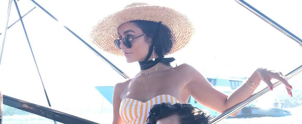 Vanessa Hudgens Is Vacation-Chic in Her Striped One-Piece