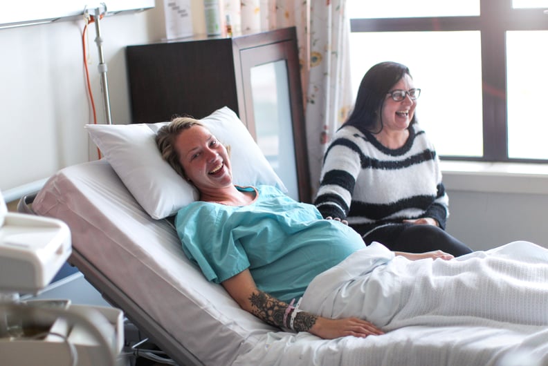 a Mother spends time with her pregnant daughter in hospital before she has a caesarean section.