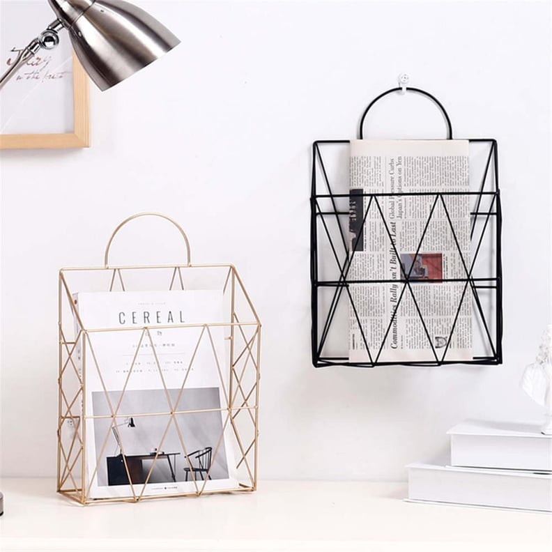 Black Wall Mounted Magazine Rack Holder with Suspended Baskets and Label  Slots