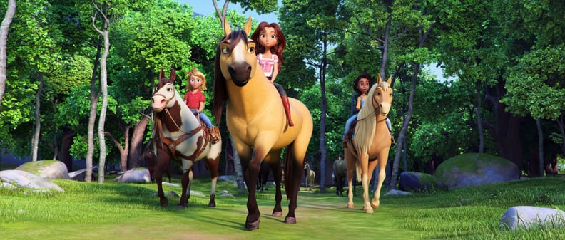 SPIRIT UNTAMED, from left: Abigail Stone (voice: Mckenna Grace) riding Boomerang, Lucky Prescott (voice: Isabela Merced) riding Spirit, Pru Granger (voice: Marsai Martin) riding Chica Linda, 2021.  Universal / courtesy Everett Collection