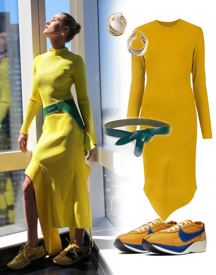 Brie Larson Yellow Off White Dress and Sneakers