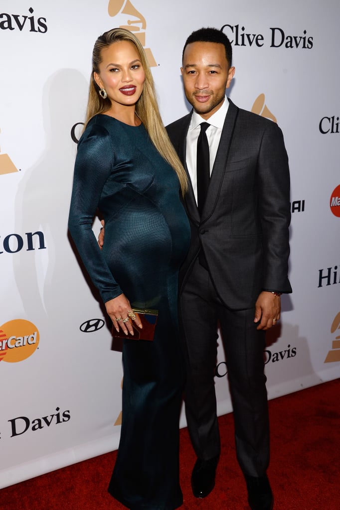 Chrissy Teigen Wearing a Teal Dress at Pre-Grammys Party