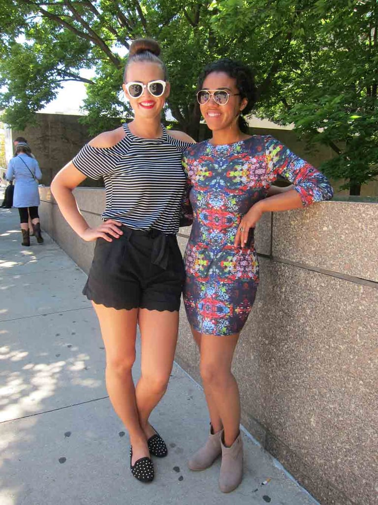 On-trend friends! Jade went black and white with an open-shoulder MinkPink top and sunglasses and studded flats, both from Topshop. Meanwhile, Pamela opted for a digital-printed dress from MinkPink (this style was popular at Lollapalooza!) and taupe Target booties.