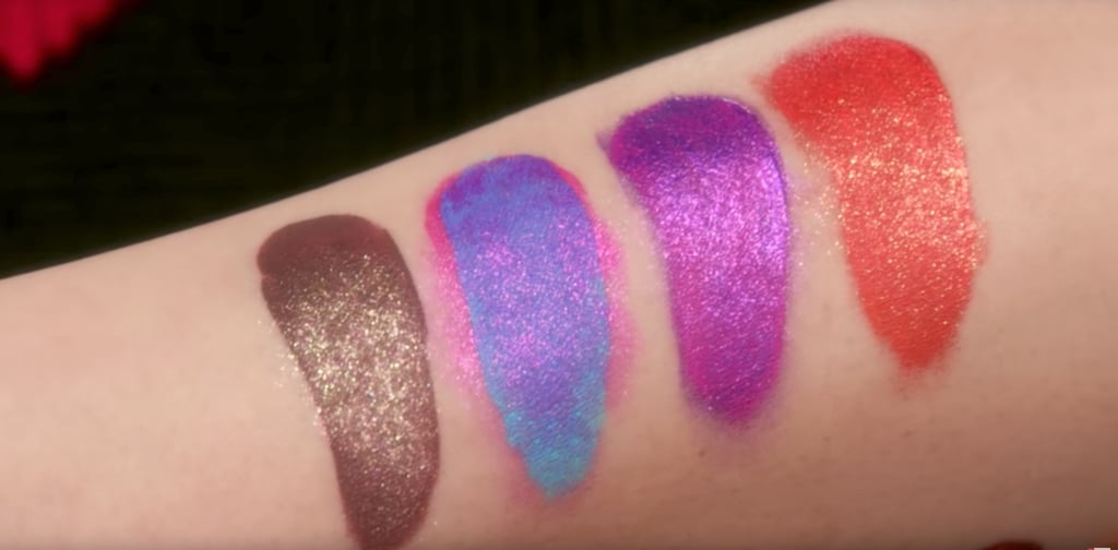 Kat Von D played with color combinations to demonstrate how Glimmer Veil can be paired over a lipstick for a radiant effect.