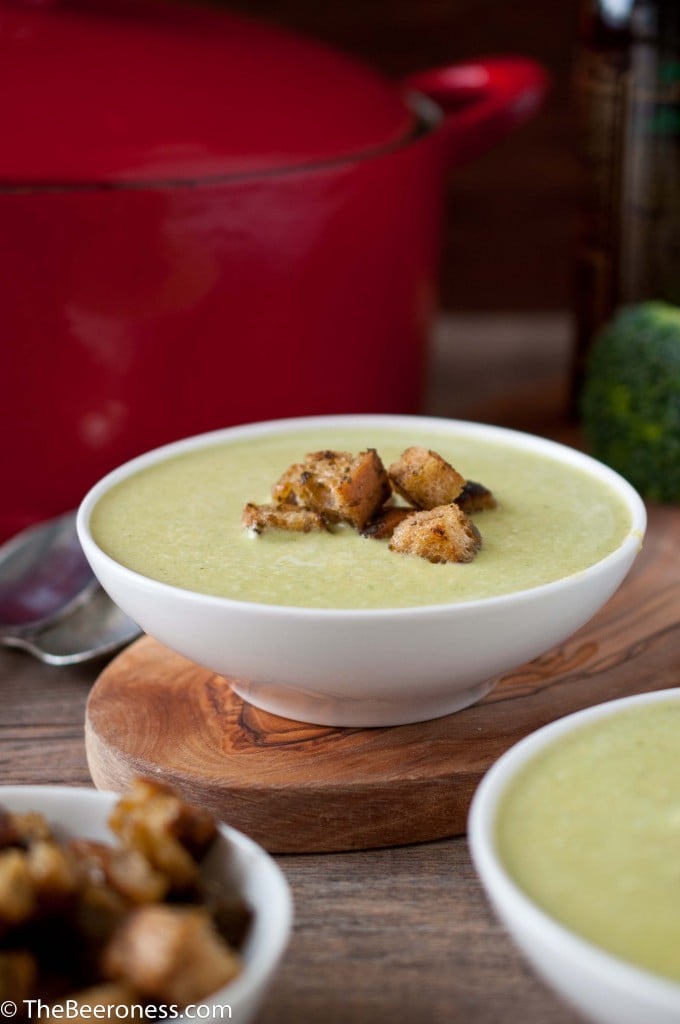 Broccoli Cheddar Beer Cheese Soup With Pesto Croutons
