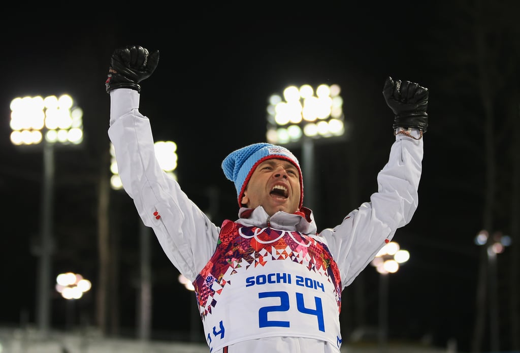 Gold medalist Ole Einar Bjoerndalen of Norway celebrated his win after the men's biathlon sprint.