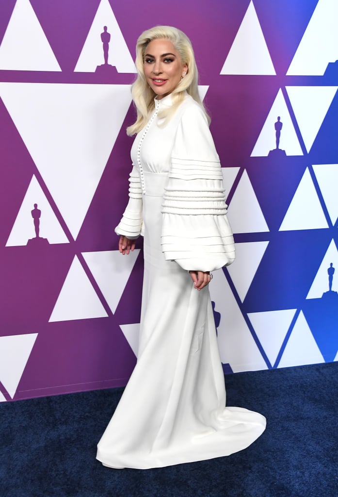 Lady Gaga White Dress at Oscar Nominees Luncheon 2019