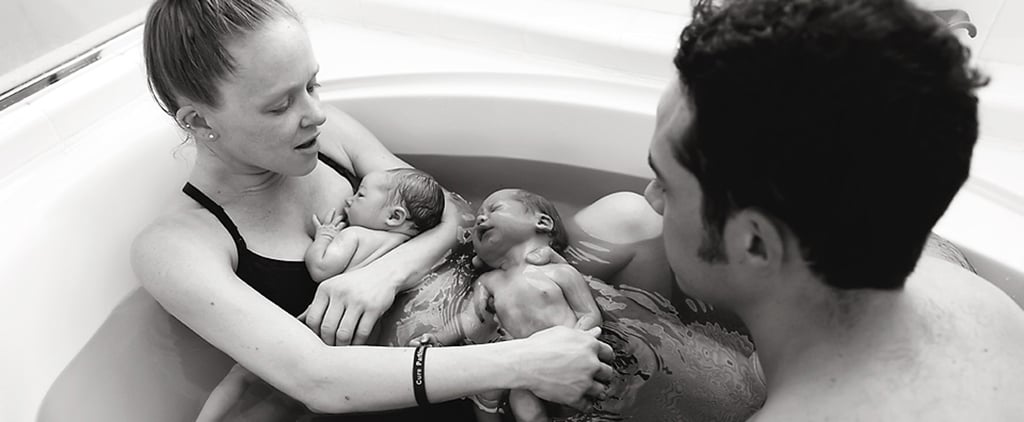 Birth Photos of Dad Delivering Twins in Tub