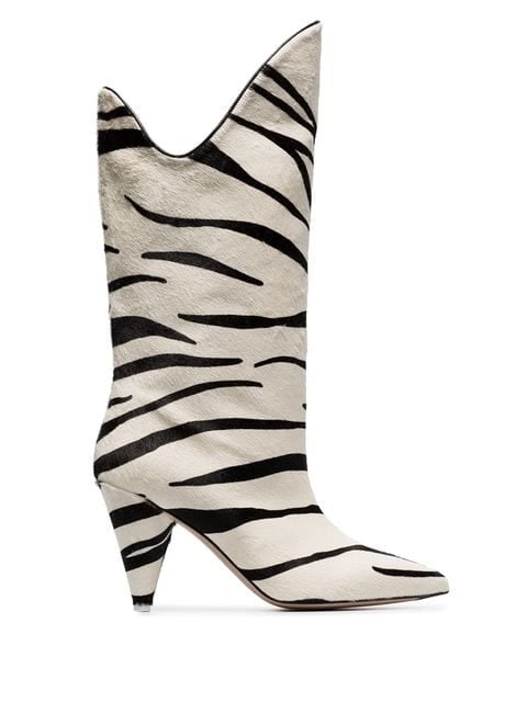 Attico White Betta 85 Zebra Print Pony Hair Leather Mid-Calf Boots