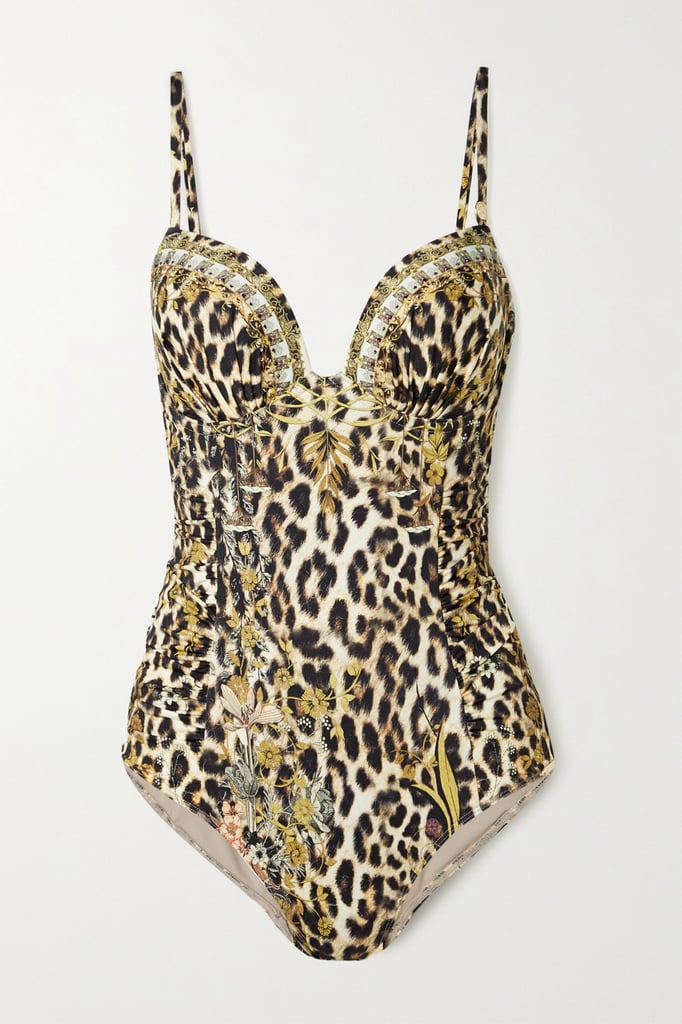 Camilla Leopard print Crystal-embellished ruched printed swimsuit