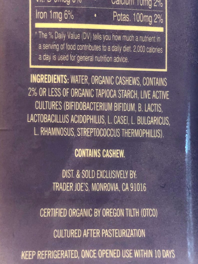 Ingredients in Plain Trader Joe's Cultured Cashew Beverage