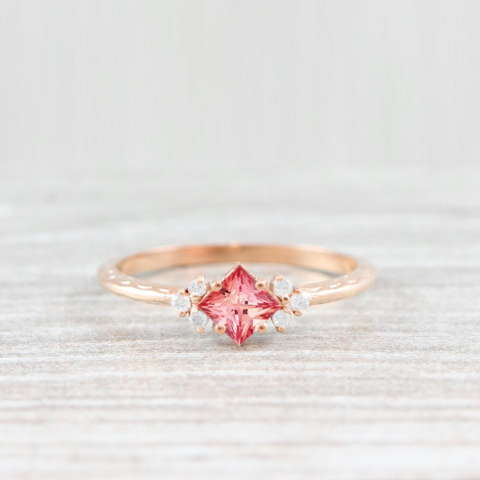 Peach Padparadscha Sapphire and Diamond Art Deco Inspired Ring