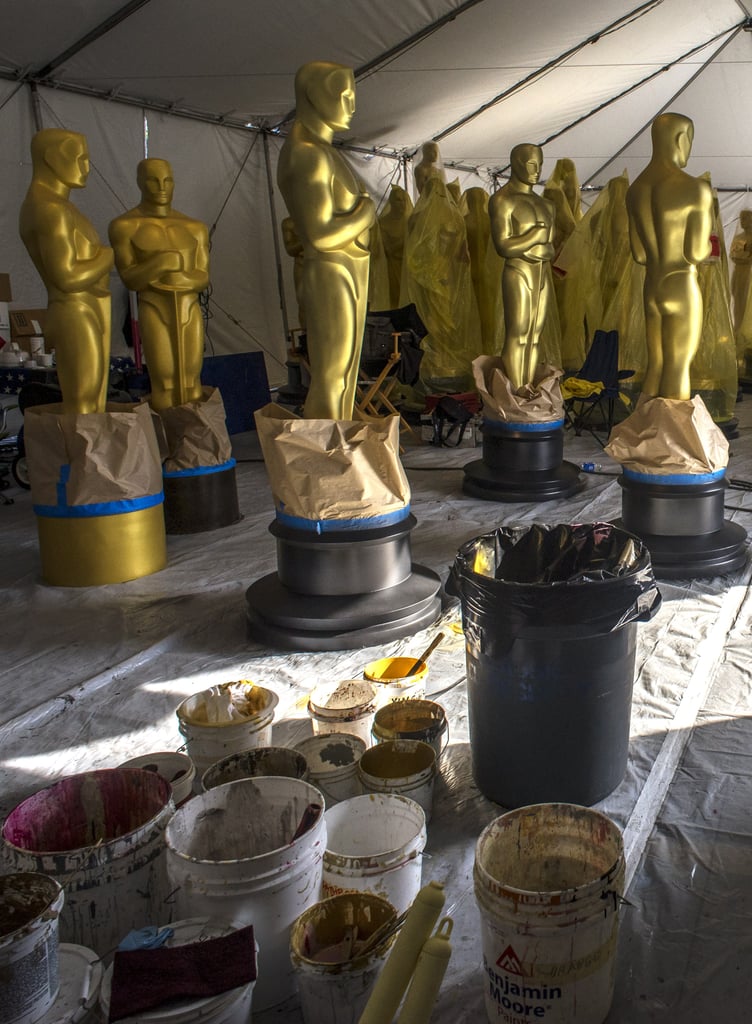 Finishing touches were made on oversize Oscars statues.