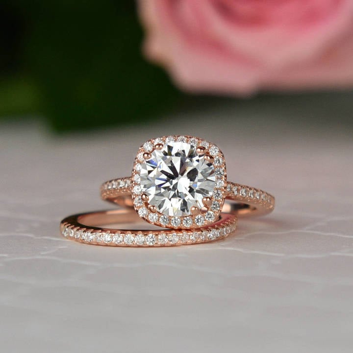 Etsy Classic Square Halo Bridal Set Ring