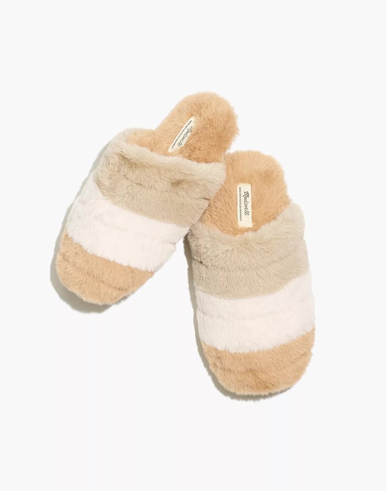 A Cozy Pair of House Slippers: Colorblock Quilted Scuff Slippers in Recycled Faux Fur