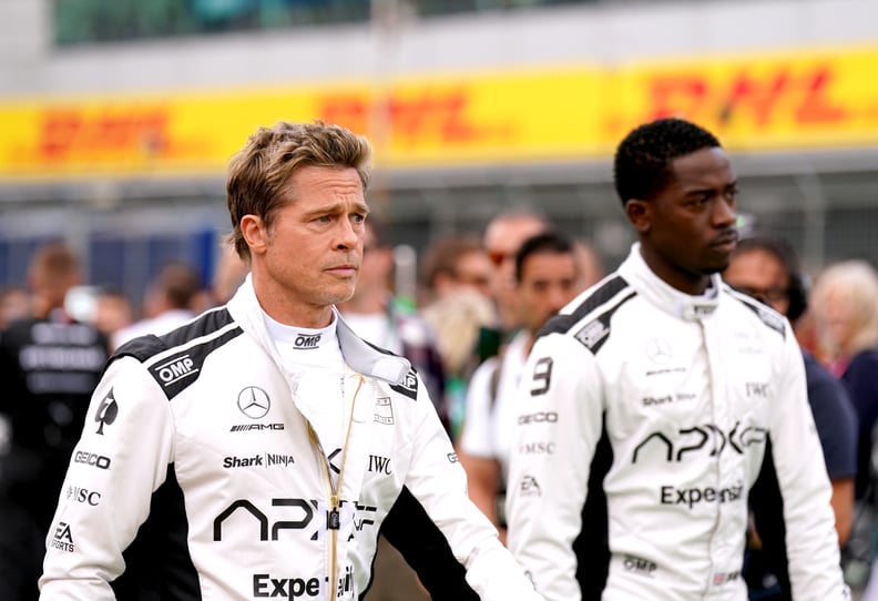 Brad Pitt and Damson Idris filming for a formula one movie during the British Grand Prix 2023 at Silverstone, Towcester. Picture date: Sunday July 9, 2023. (Photo by Tim Goode/PA Images via Getty Images)