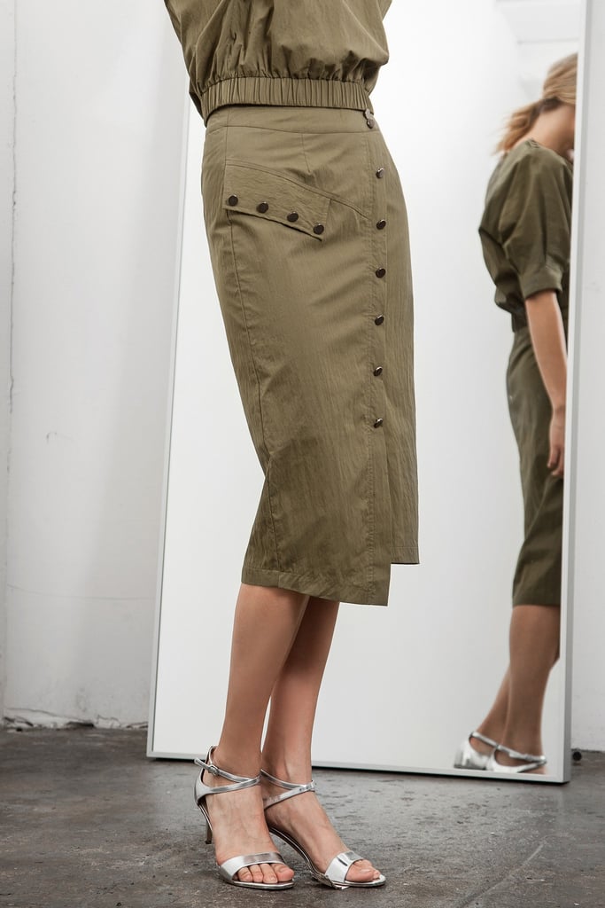 For those who aren't into the look of bigger buttons, the J.O.A. Asymmetric Hem Fitted Skirt ($73) provides a more subtle alternative.