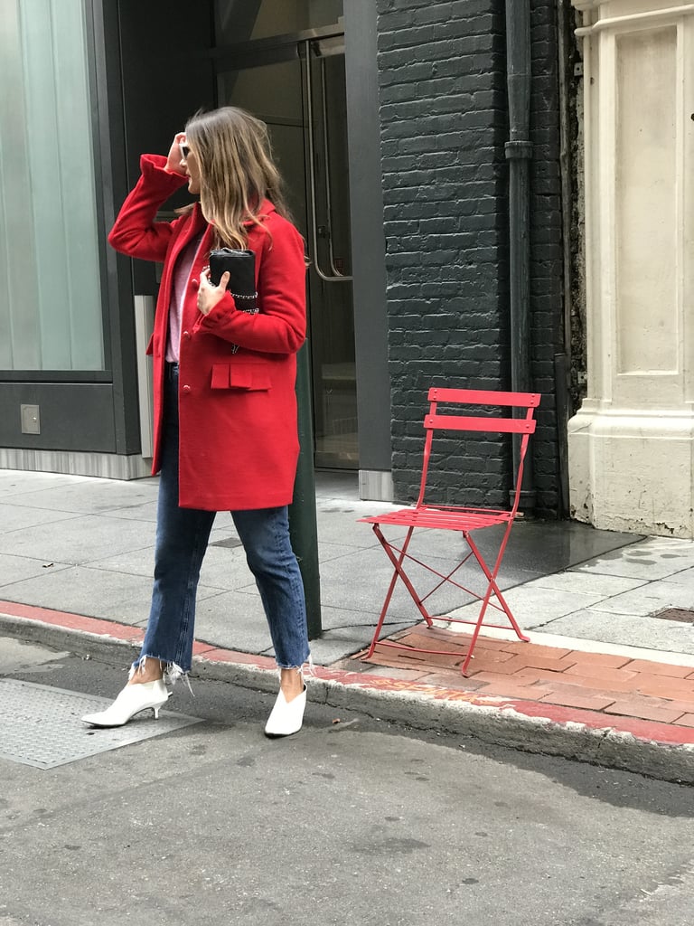Red Wool Coat: Ready For the Weekend in a Bold Sweater and White Booties