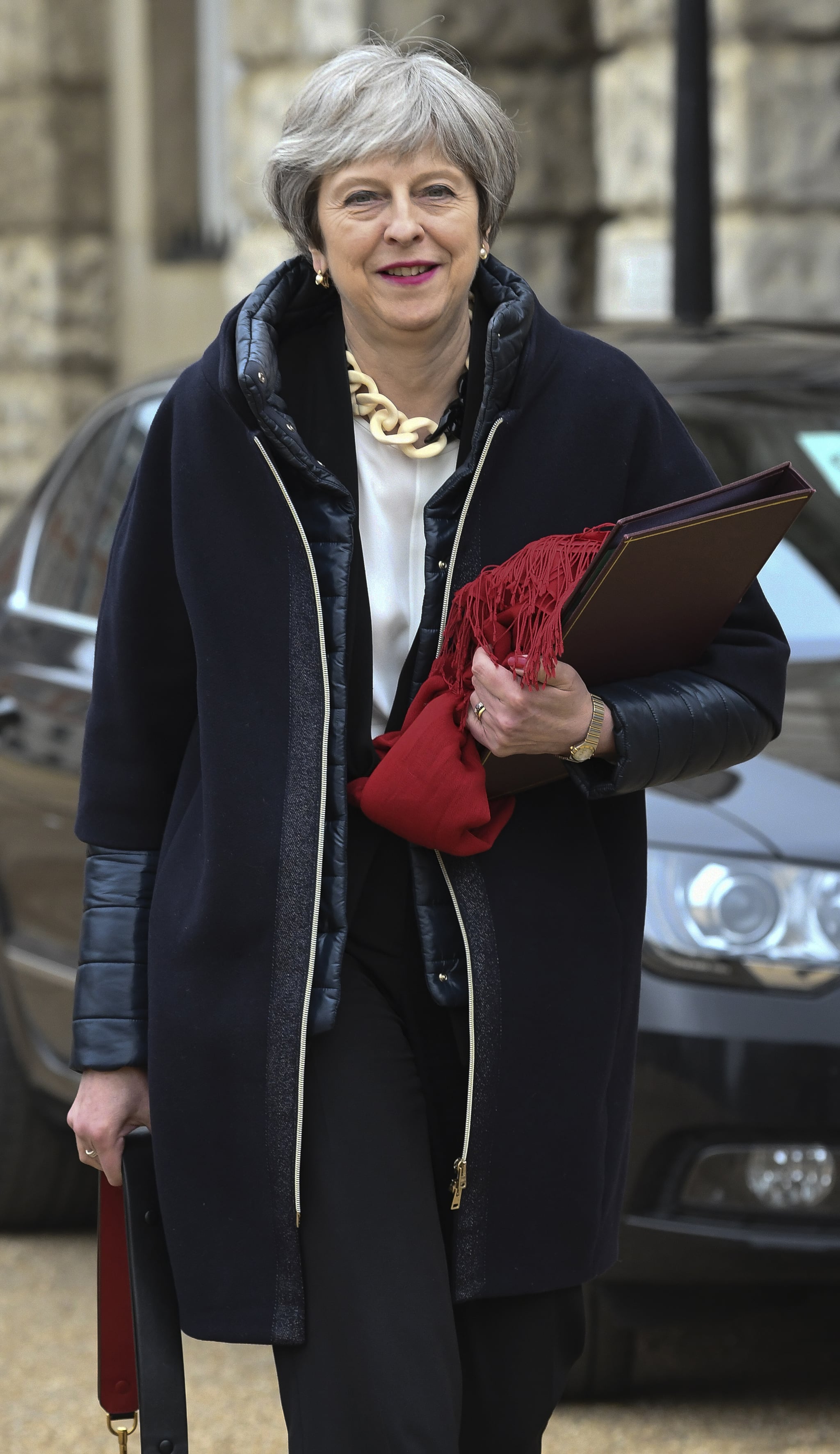 LONDON, ENGLAND - APRIL 12:  British Prime Minister Theresa May arrives for an emergency cabinet meeting at Downing Street on April 12, 2018 in London, England. British Prime Minister Theresa May has called an emergency cabinet meeting amid speculation she will back US action against Syria.  (Photo by Steve Back/Getty Images)