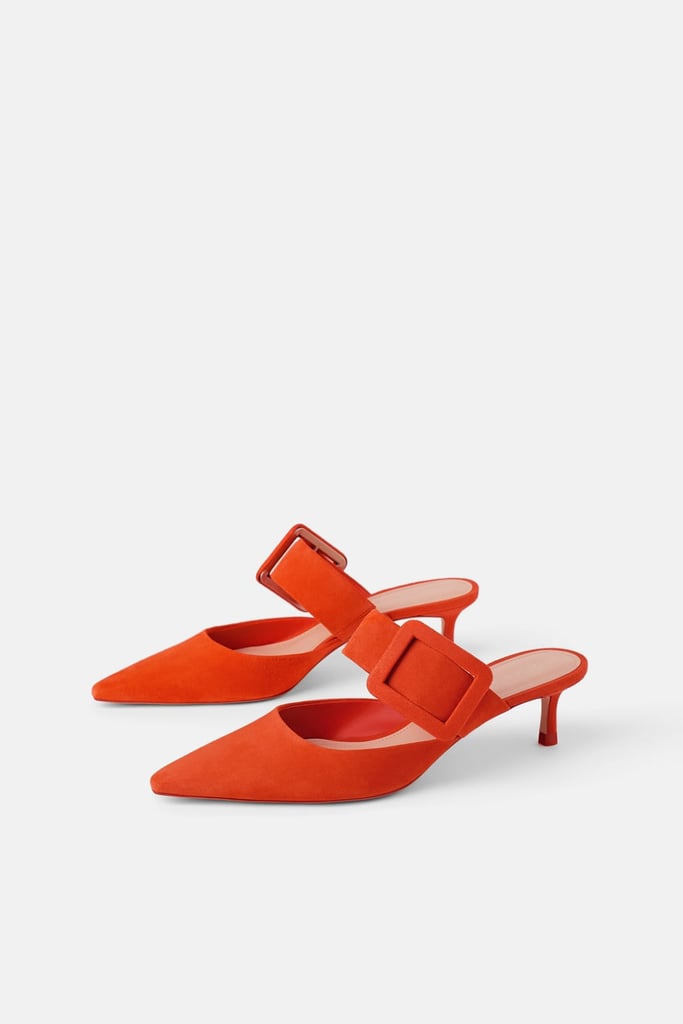 Zara Leather Heeled Mules With Buckle | Mary-Kate Olsen Red Shoes at ...