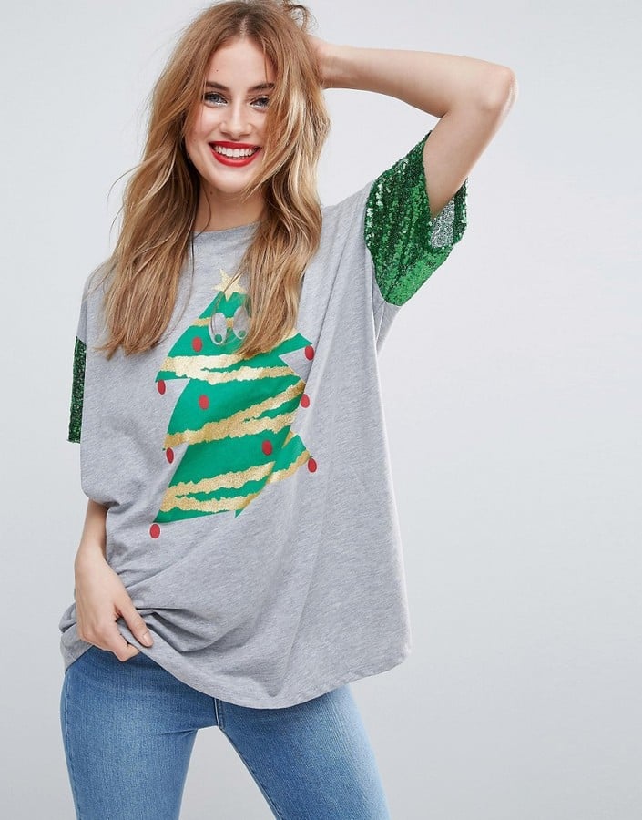 Asos Holidays T-Shirt With Sequin Sleeve and Holidays Tree Print ($38)