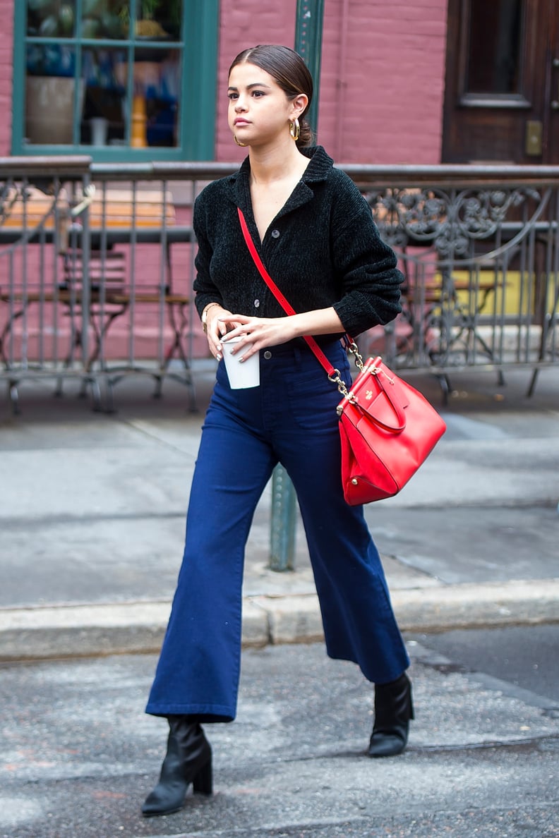 Selena Dressed Down in a Casual Sweater and Kick-Flare Pants