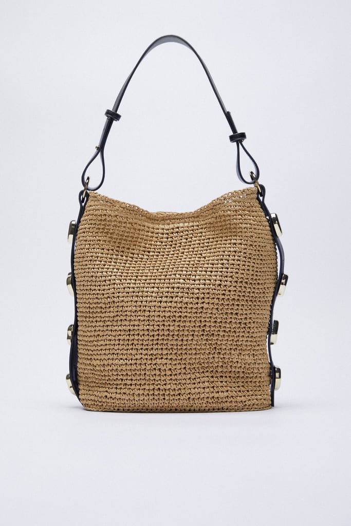 Zara Metallic Trim Woven Bucket Bag