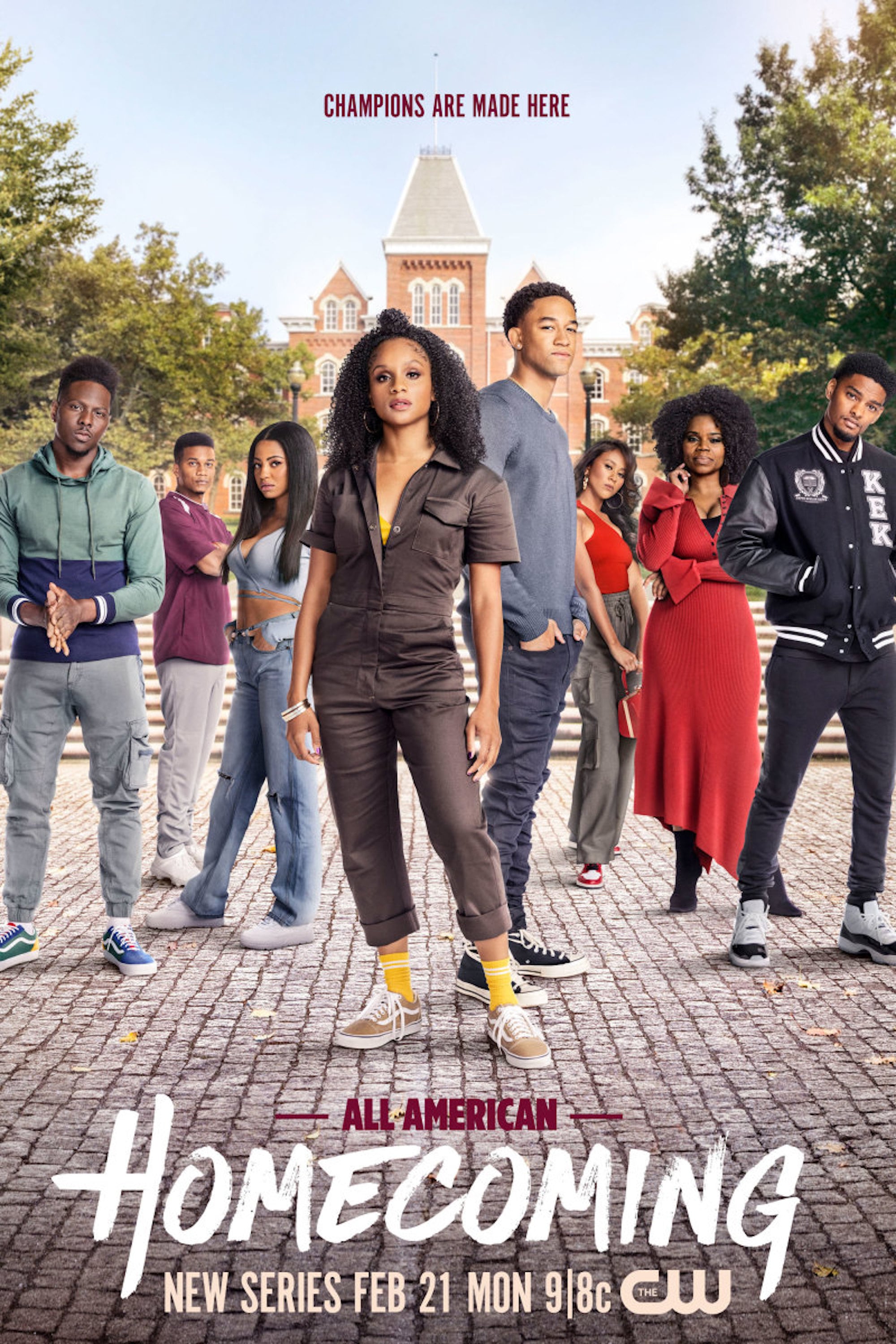 All American: Homecoming -- Image Number: AHC_S1_8x12_300dpi.jpg -- Pictured (L-R): Mitchell Edwards as Cam Watkins, Cory Hardrict as Coach Marcus Turner, Camille Hyde as Thea Mays, Geffri Maya as Simone Hicks, Peyton Alex Smith as Damon Sims, Netta Walker as Keisha McCalla, Kelly Jenrette as Amara Patterson and Sylvester Powell as JR -- Photo: Matt Sayles/The CW -- (C) 2021 The CW Network, LLC. All Rights Reserved.