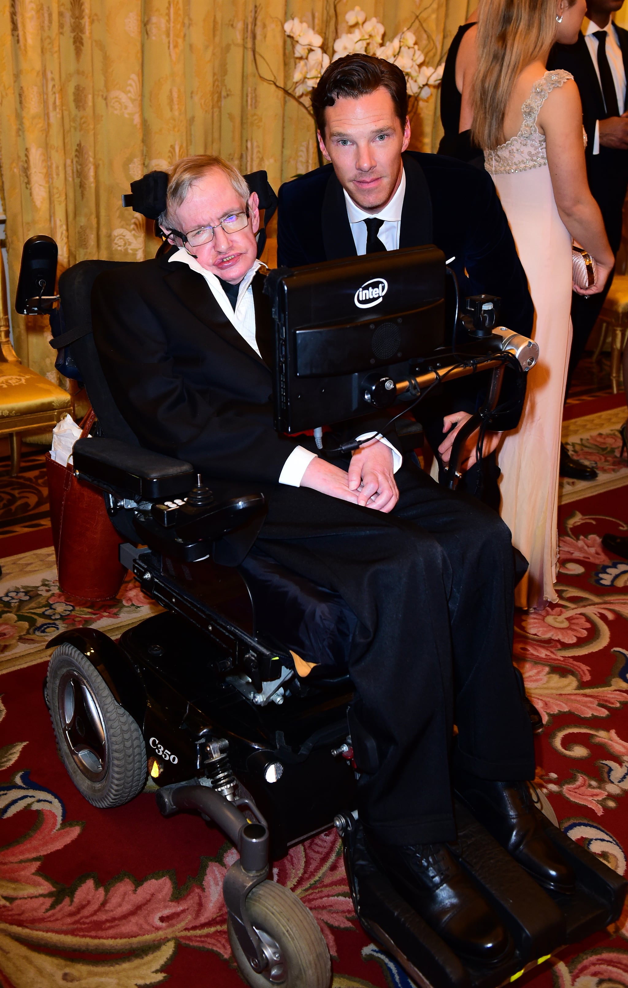 LONDON, ENGLAND - MARCH 10:  Professor Stephen Hawking and Benedict Cumberbatch attending a reception and dinner, in support of Motor Neurone Disease Association at Buckingham Palace on March 10, 2015 in London, United Kingdom. (Photo by Ian West - WPA Pool/Getty Images)