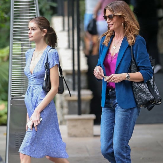 Kaia Gerber in Blue Wrap Dress With Cindy Crawford