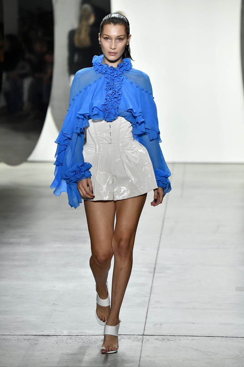 Bella Walked the Prabal Gurung Runway in a Blue High-Neck Ruffled Blouse