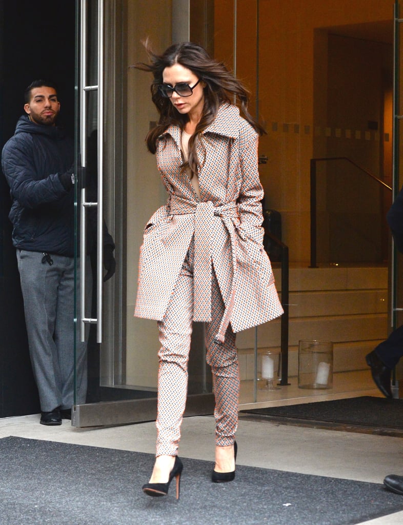 Victoria stepped out in a tailored suit that featured an oversize belted jacket and skinny pants.