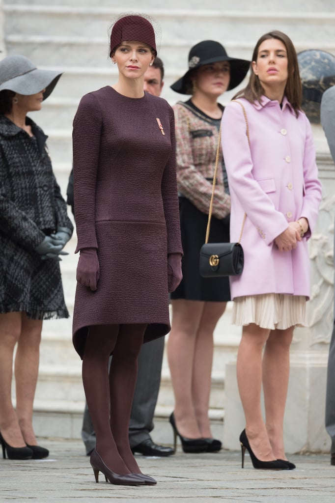 Charlene's opaque tights sealed the deal: plum from head to toe looks perfectly elegant for Fall.