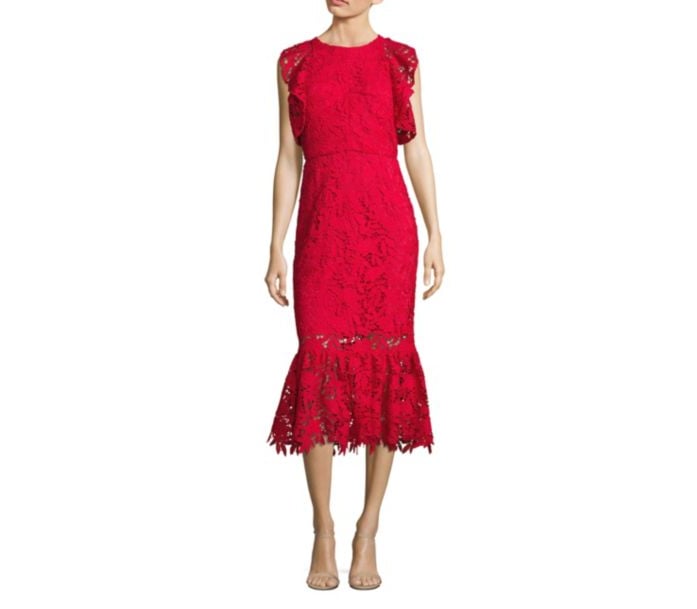 Shoshanna Ruffled Shoulder Lace Midi Dress