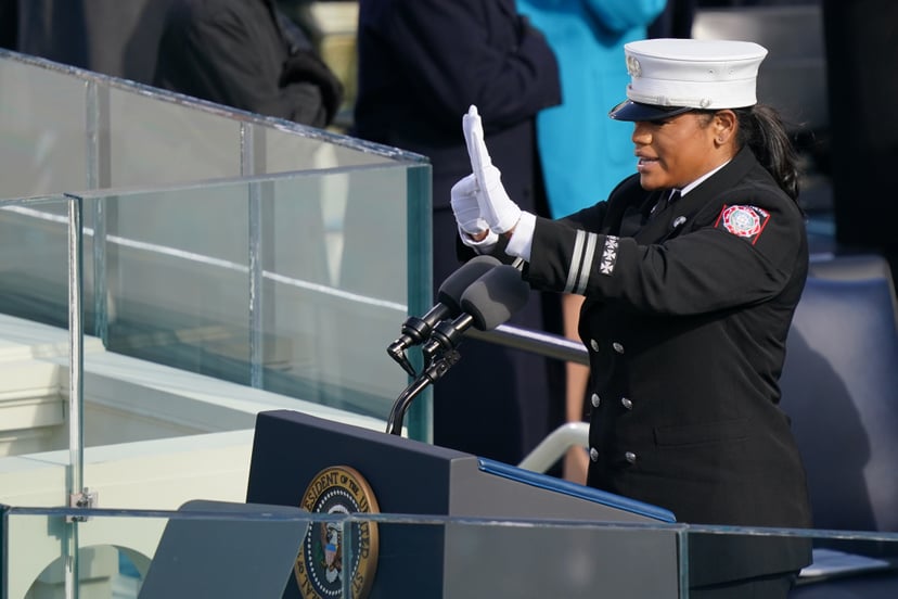 WASHINGTON, DC - JANUARY 20: Capt. Andrea Hall delivers the pledge of allegiance during the inauguration of U.S. President-elect Joe Biden on the West Front of the U.S. Capitol on January 20, 2021 in Washington, DC.  During today's inauguration ceremony J