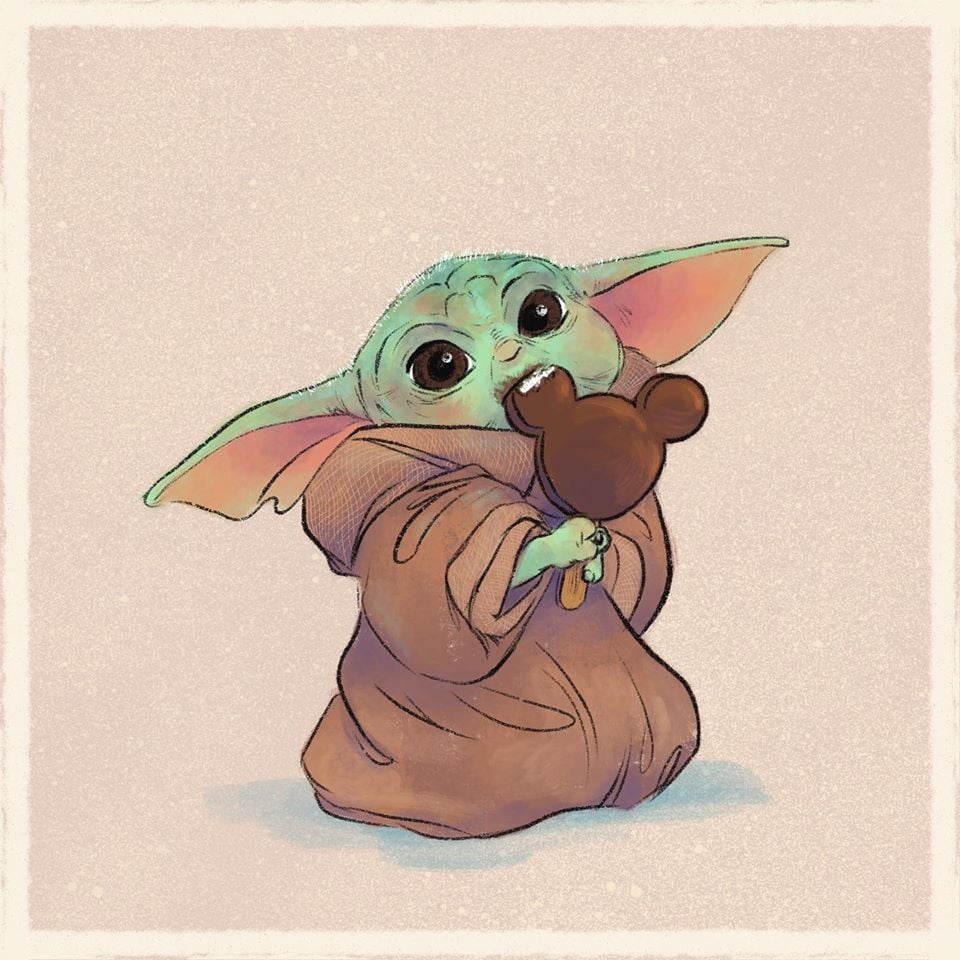Baby Yoda Eating a Mickey Ice Cream Bar Illustrations of Baby Yoda