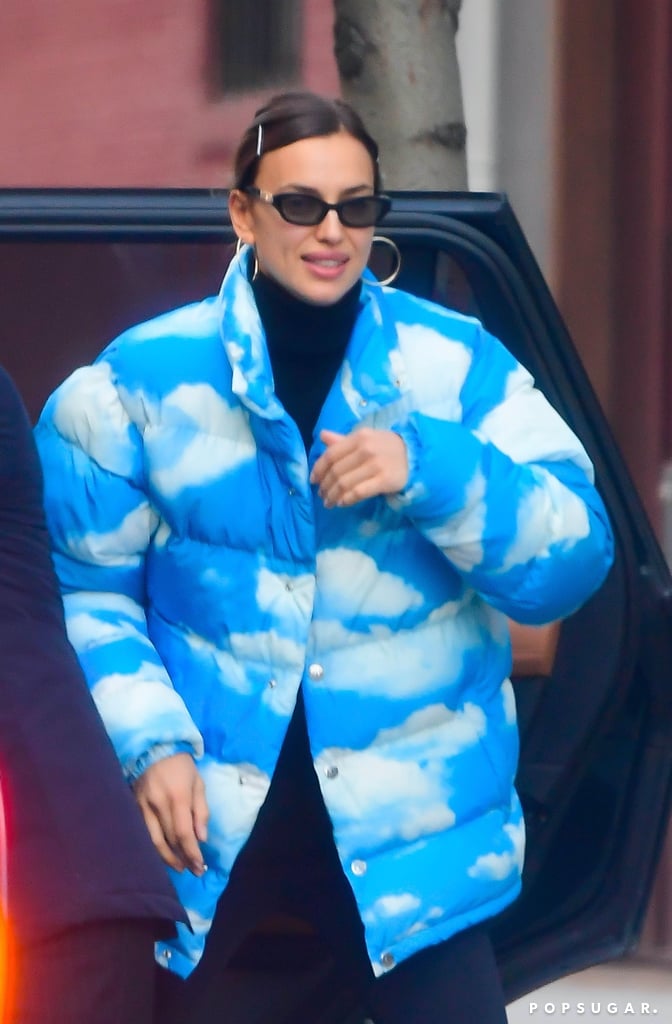 Irina Shayk Wearing a Cute Cloud-Print Moschino Puffer
