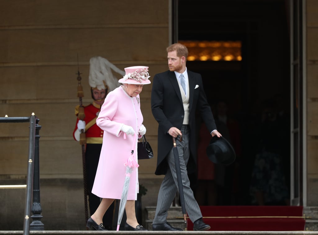 Prince Harry and Queen Elizabeth dressed to the nines for a garden party at Buckingham Palace in May 2019.