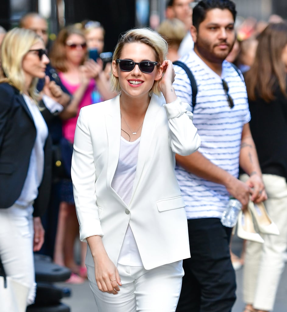 Less than a week after hitting the red carpet with Nicholas Hoult at the LA premiere of their sci-fi film Equals, Kristen Stewart was spotted out and about in NYC on Monday looking as cool as ever. In the morning, the actress was a vision in white when she stopped by Good Morning America, and later that day, she opted for a more casual look with denim shorts and a black blazer as she exited her hotel. While Kristen is currently gearing up for the theatrical release of the film, she recently hinted at having another starring role on her mind. While chatting to E! News, she said she would like to see a female James Bond, explaining, "You start off as the Bond girl and then you think it's just the girlfriend and then you're like, 'She's actually [Bond].'" See more of her latest outings now, then check out 10 Kristen quotes that will inspire you to be your most badass self.