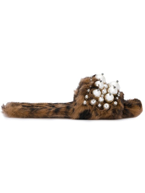 Miu Miu Leopard Print Fur Pearl Lyn Slides