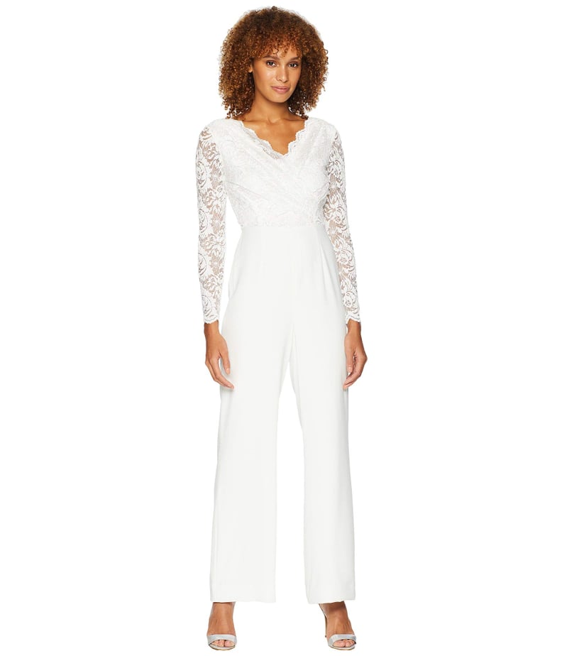 Tahari by ASL Long Sleeve Crepe/Sequin Lace Jumpsuit with V-Neckline