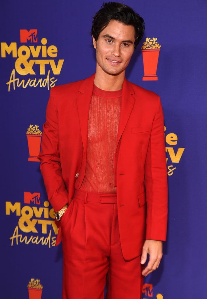 Chase Stokes Wears Red Suit With Sheer Top at the MTV Awards