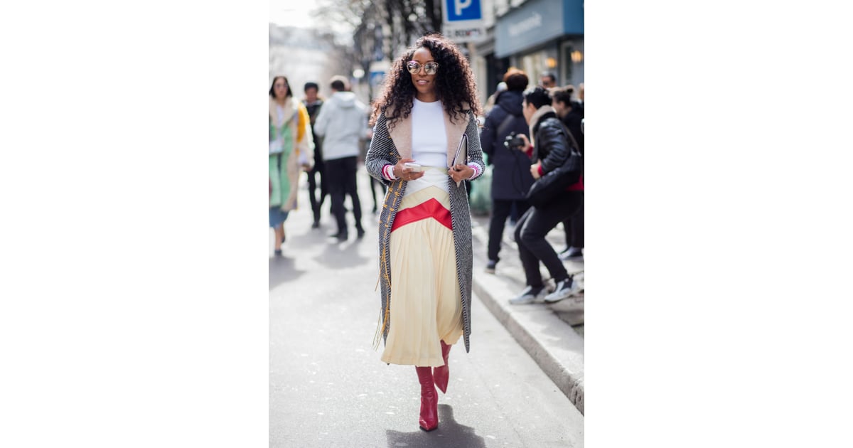 For a Pop of Color, Style Your Midi Skirt With Red Boots | Winter Work ...
