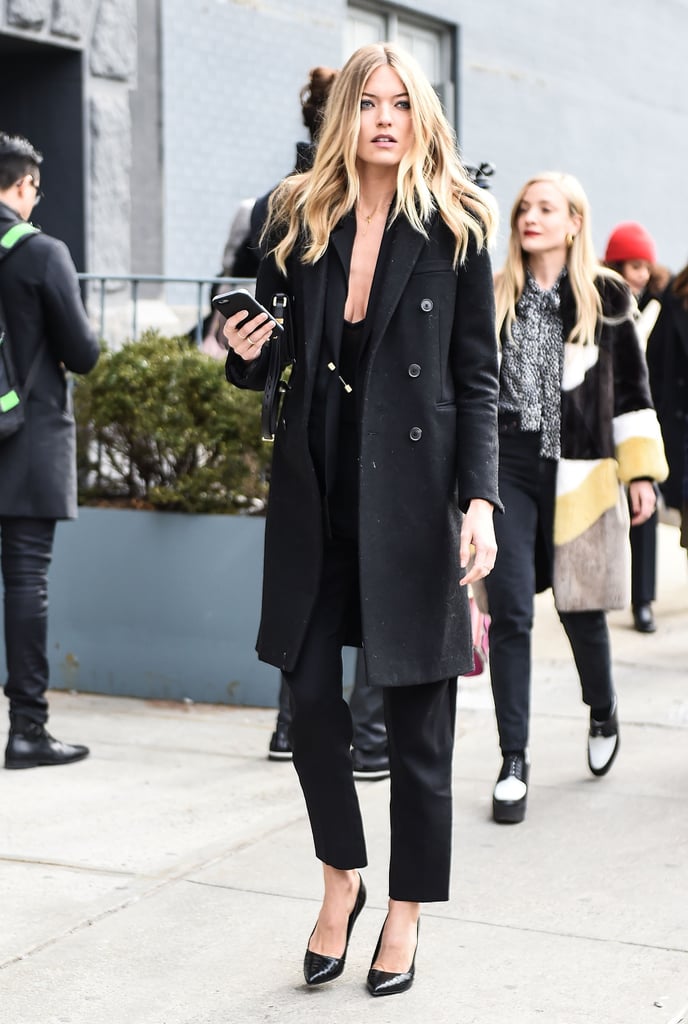 Martha Hunt rocking a very New York all-black, chic outfit during NYFW.