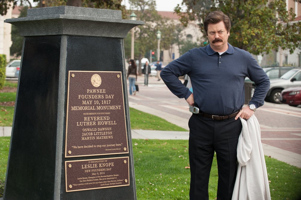 Ron (Nick Offerman) unveils a Founder's Day memorial.