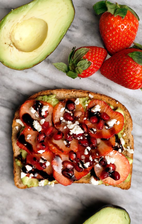 Avocado Toast With Pomegranate Seeds, Strawberries, Feta, and Balsamic