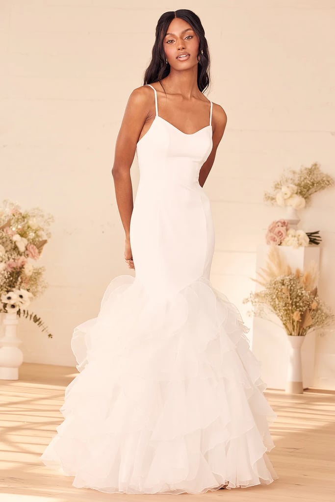 A Ruffled Wedding Dress: Extravagance White Ruffled Organza Mermaid Maxi Dress
