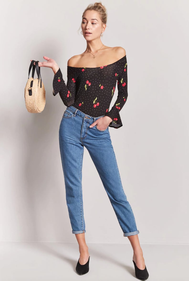 Forever 21 Cherry Print Trumpet Sleeve Bodysuit