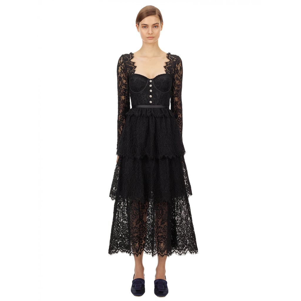 Self-Portrait Black Fine Corded Lace Tiered Midi Dress